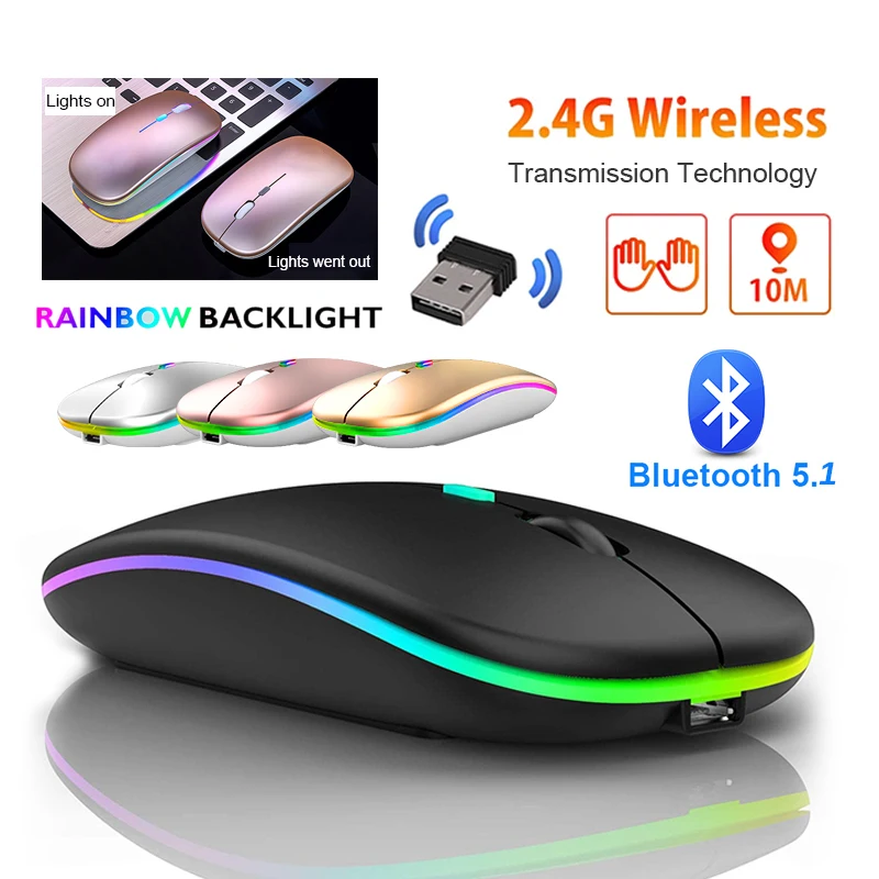 Rechargeable Bluetooth 5.1 Wireless Mouse with 2.4GHz USB RGB 1600DPI Mouse For MacBook Tablet Computer Laptop PC Mice Rechargeable Bluetooth 5.1 Wireless Mouse with 2.4GHz USB RGB 1600DPI Mouse For MacBook Tablet Computer Laptop PC Mice
