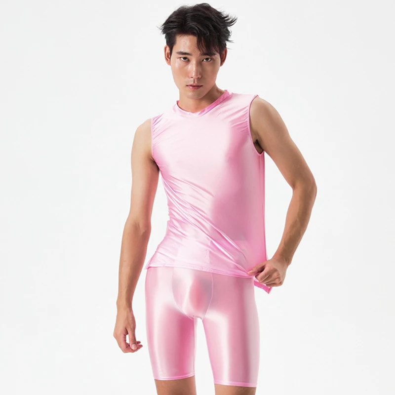 

New Men's shiny shiny suit Sexy silky transparent Men's underpants +vest suit body-building underwear for men