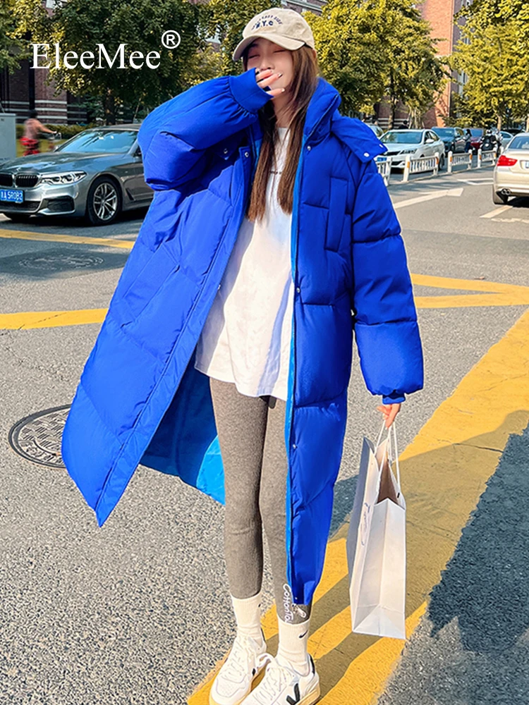 EleeMee Size M-3Xl 2023 Winter Jacket For Women Solid Color Hooded Overcoat Warm Long Coat Loose Thick Female Outwear