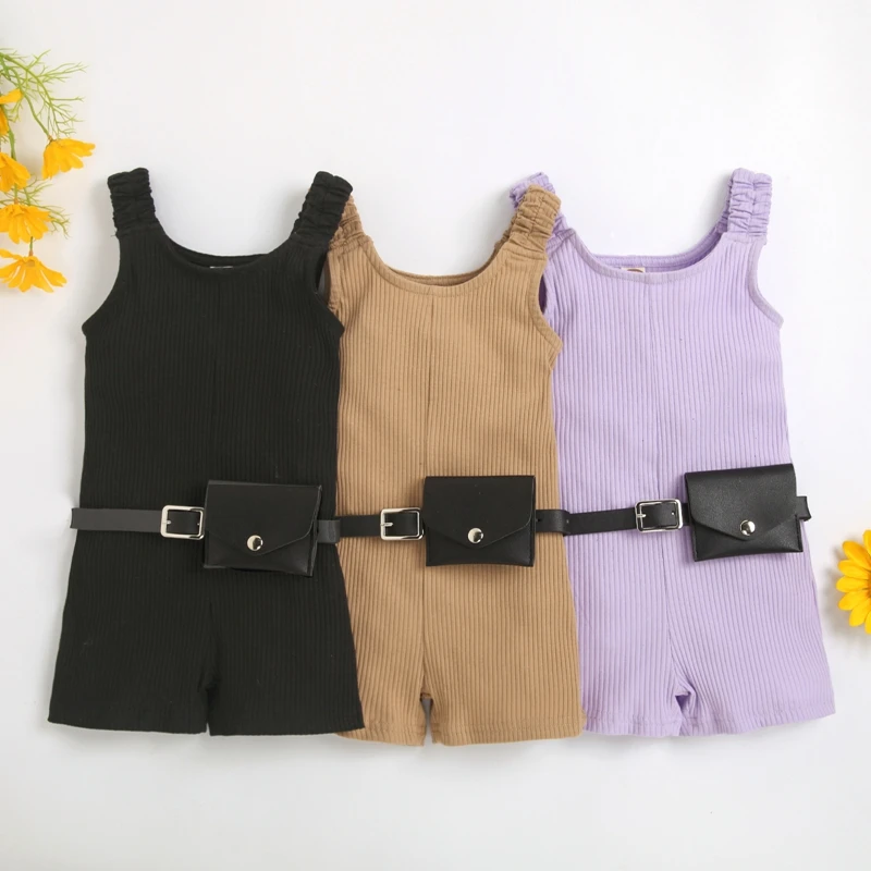 

2022-04-15 Lioraitiin Toddler Girl's Jumpsuit Set Wide Strap Sleeveless Ribbed Short Playsuit Jumpsuit + Waist Bag