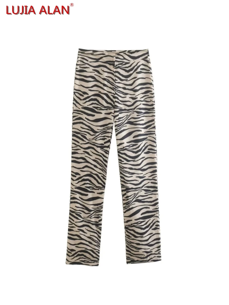

New Women's Zebra Stripes High Waist Split Straight Pants Casual Loose Trousers+Long Sleeve Suit Coat LUJIA ALAN P3189