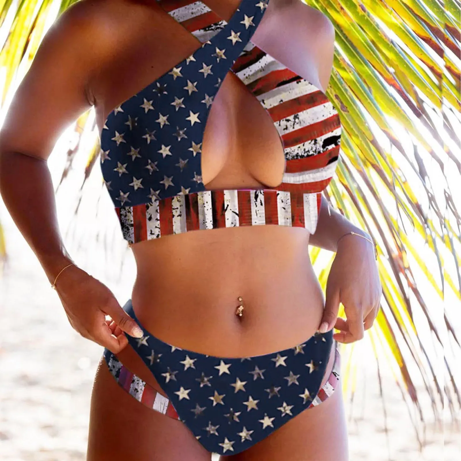 

Sexy Hollow Out Swimwear Women Us Flag Print Bikini Set Push Up Padded Bra Briefs Swimsuit Female Bathing Suit Biquini 2022 New