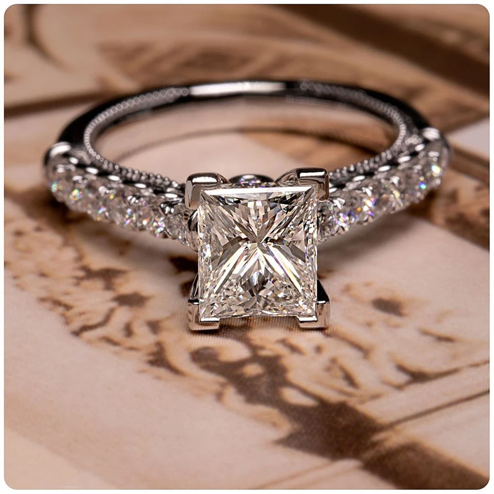 

Huitan Classic Women Wedding Engagement Jewelry Rings Luxury Princess Cut CZ Stones Perfect Quality Female Ring Anniversary Gift