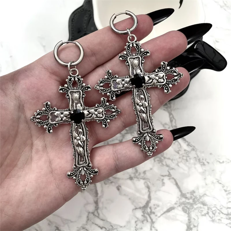 

Goth Large Silver Colour Tone Gothic Jewel Cross Earrings with Black Punk Handmade Jewellery Gorgeous Wedding Statement Women