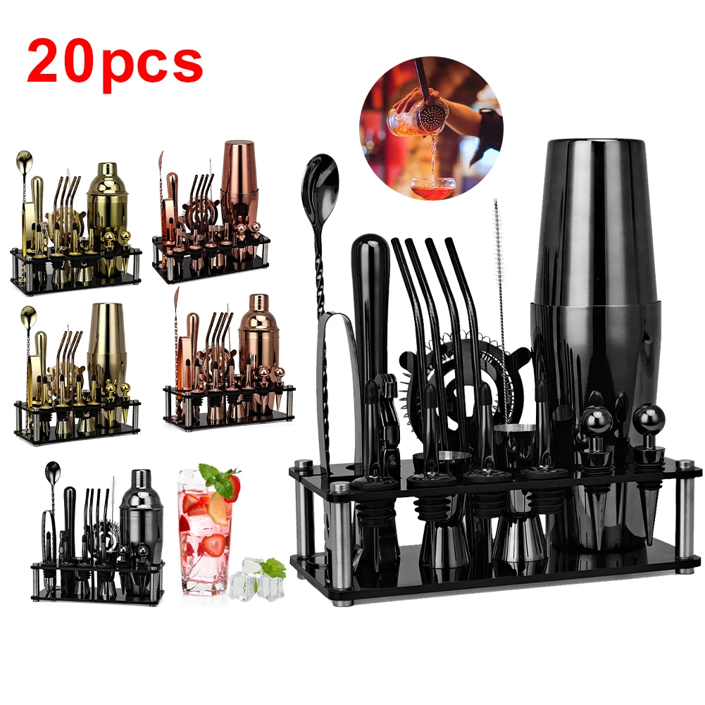 

20pcs/set Cocktail Shaker Set Bartender Kit Cocktail Shaker Mixer With Jigger Pourer Strainer Spoon Ice Tong Stand Bar Tools