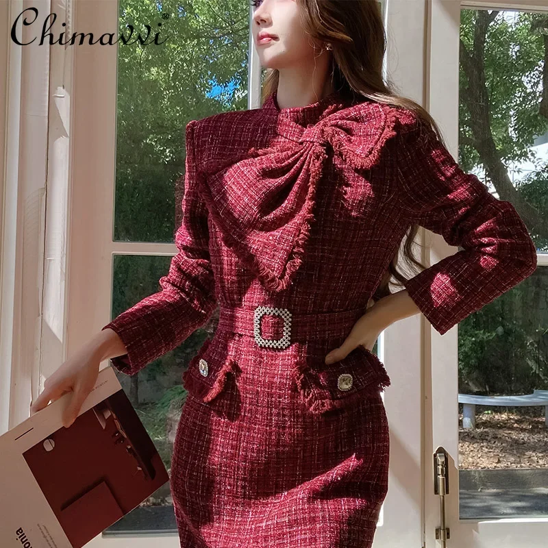 

Женское офисное платье высокого качества, зимняя одежда, французское модное облегающее твидовое платье с бантом на талии, Элегантные короткие женские платья с длинным рукавом