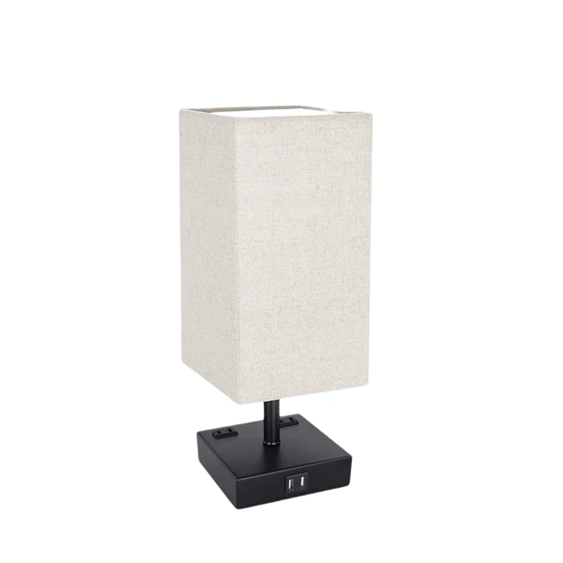 

Modern Table Lamp Bedside Night Light Metal Base Lampshade Bedroom Desk Lamp With 2 USB Charging Ports US Plug