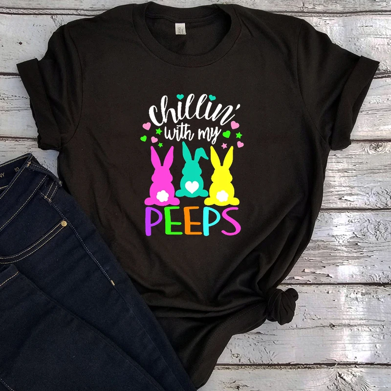 

Easter T Shirt Women Chillin' with My Peeps Graphic Tees Women Harajuku Bunny Clothes Rabbit Graphic Tee Summer