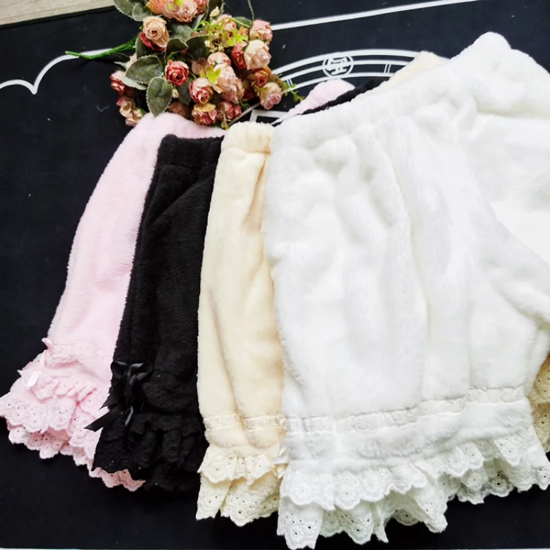 

Зимние защитные короткие брюки из кораллового флиса, женские милые кружевные шорты с бантом и оборками JK, шорты с тыквой, милые толстые теплые шаровары в стиле "Лолита"