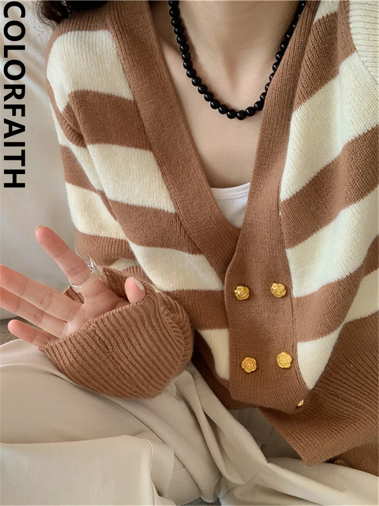 

Colorfaith SWC5432JX New 2023 Striped Chic Wild Buttons Korean Fashion Knitting Cardigans Women Autumn Winter Elegant Lady Tops