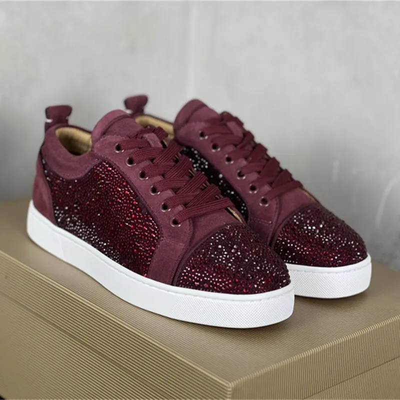

Fashion Designer Burgundy Crystal Leather Red Bottoms Low Tops Shoes For Men's Casual Flats Loafers Women's Rhinestone Sneakers