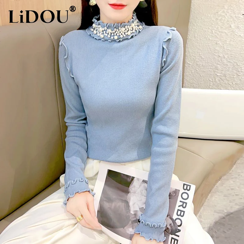 

Autumn Winter Women's Elegant Fashion Beading Sweater Ladies Slim Ruffles All-match Bottomed Jumpers Female Solid Knitting Top