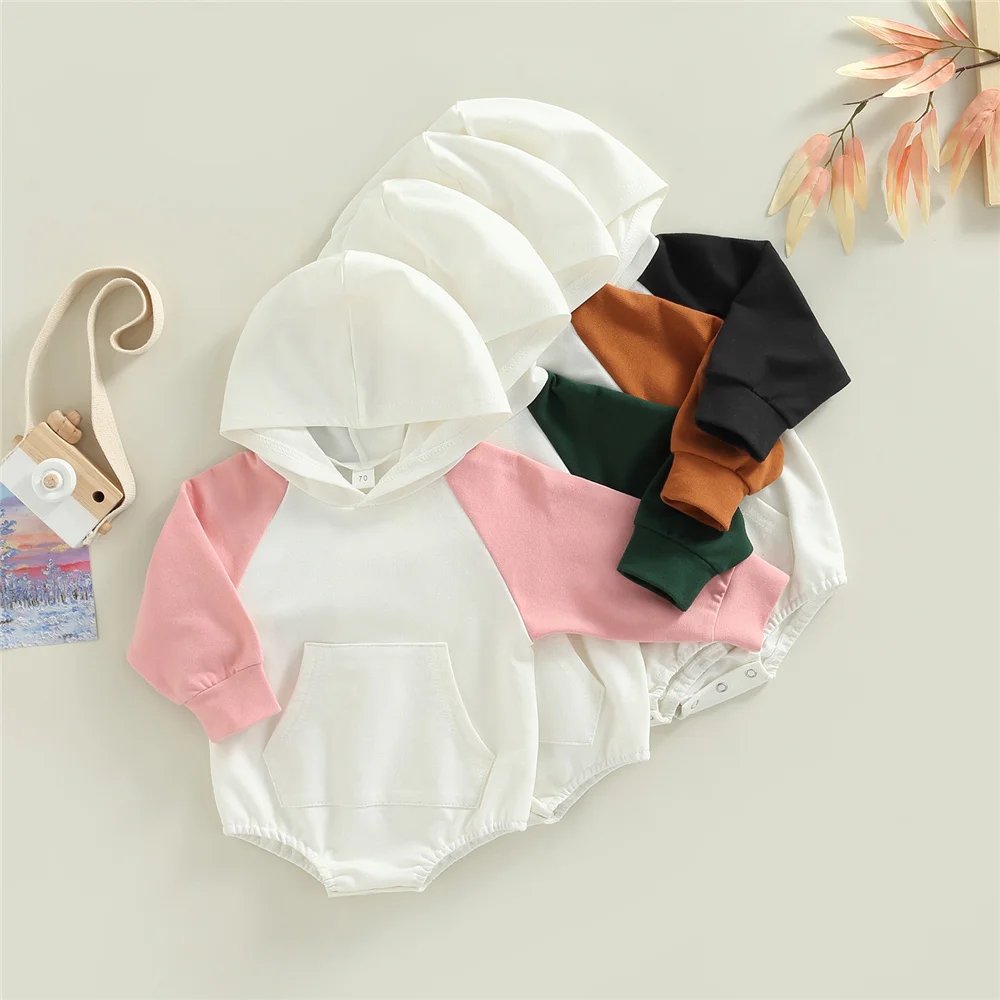 

2022 Baby Boy Girl Casual Long Sleeve Romper Toddler Kids Contrast Color Kangaroo Pocket Snap Crotch Hooded Patchwork Jumpsuit
