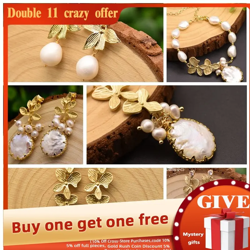 

GLSEEVO Maple leaves Natural Freshwater Baroque Pearl Necklace Earrings Bracelet Women Adjustable Luxury Fine Jewelry Set GS0039