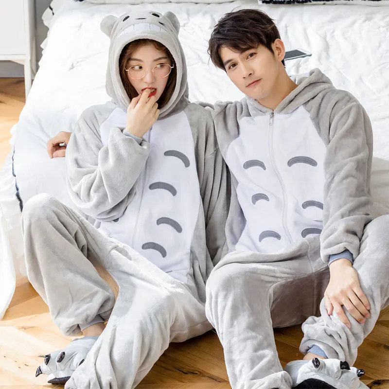 Adults Totoro Onesies Pajamas Set Cartoon Animal Winter Fleece Onesies Women Men Hooded Sleepwear Halloween Costume Homewear
