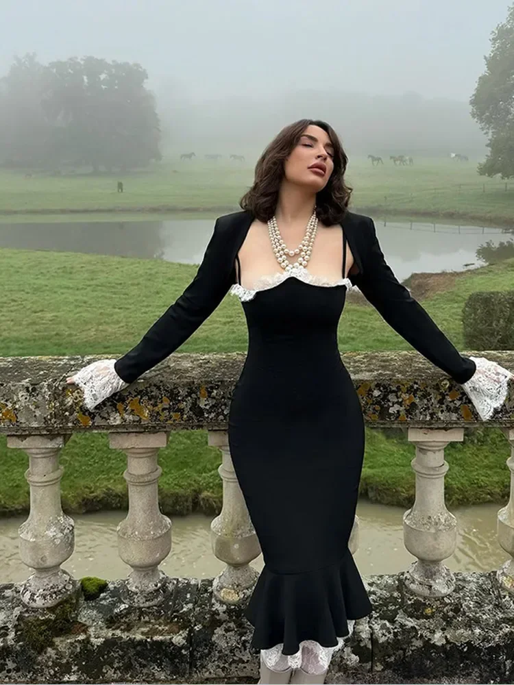 Осеннее винтажное бархатное черное платье для женщин шикарное облегающее