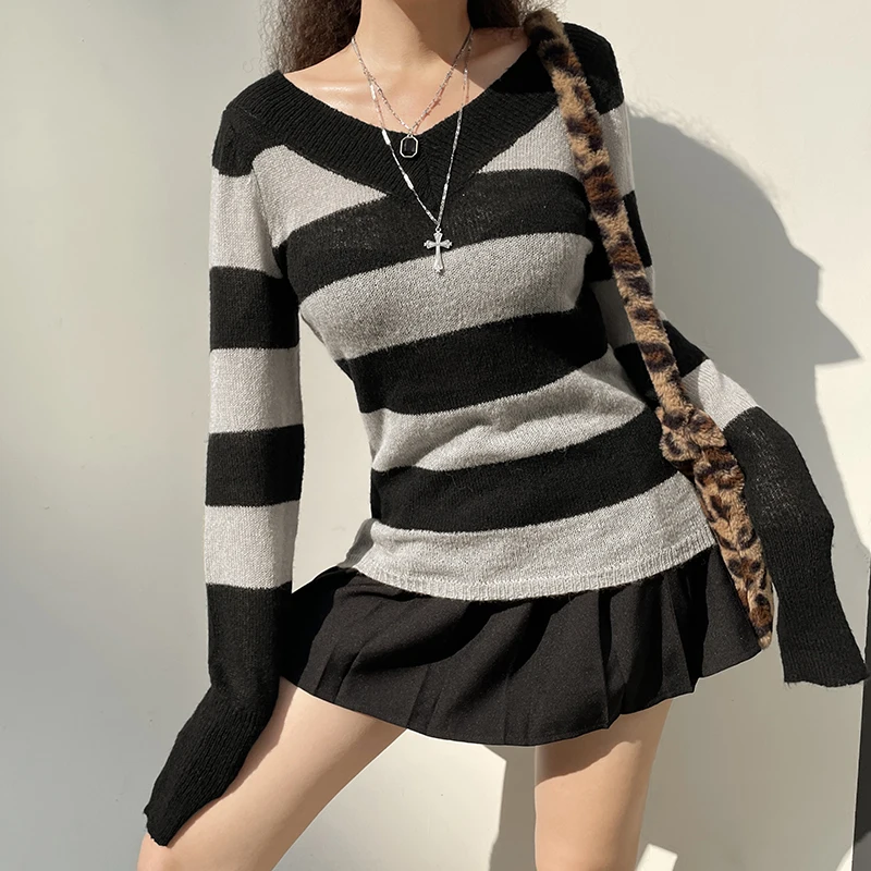 

Knitted Women Stripe Sweater Long Sleeve Sweatshirts Ladies Summer Elegant Fashion Sweaters V Neck Slim Cute Women Top