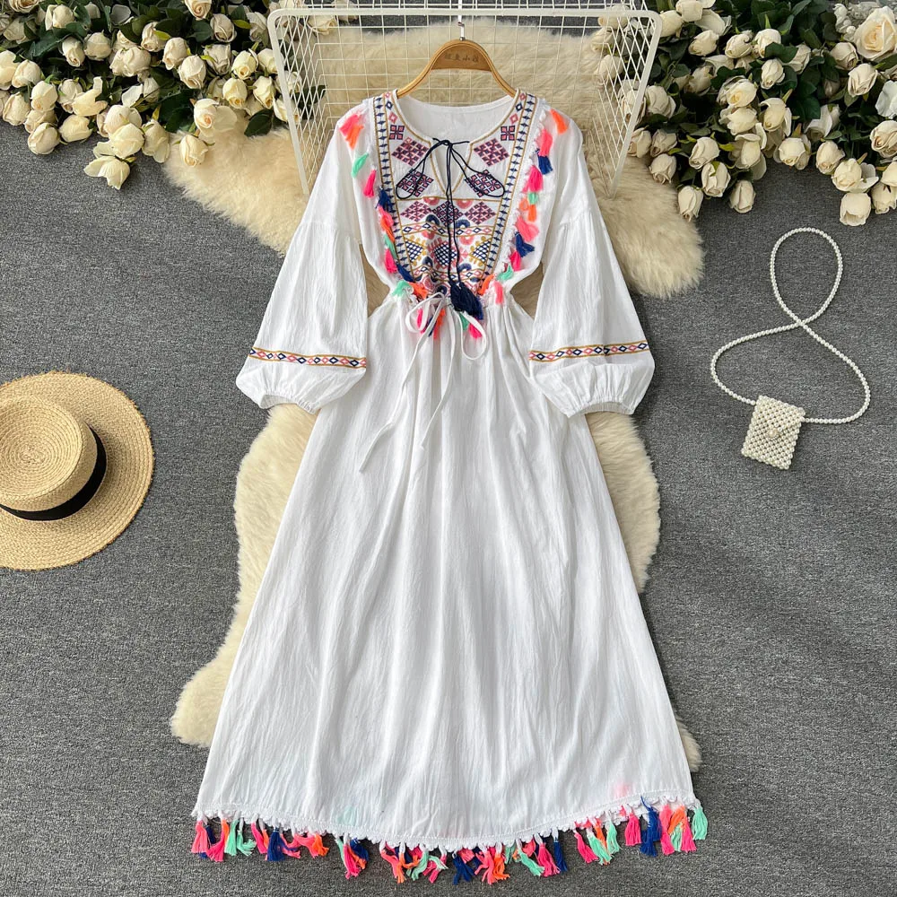 

Women Spring Autumn Fashion Holiday Ethnic Embroidered Loose Fringed Long Sleeve A-line Dress Solid Color Clothes Vestidos E800