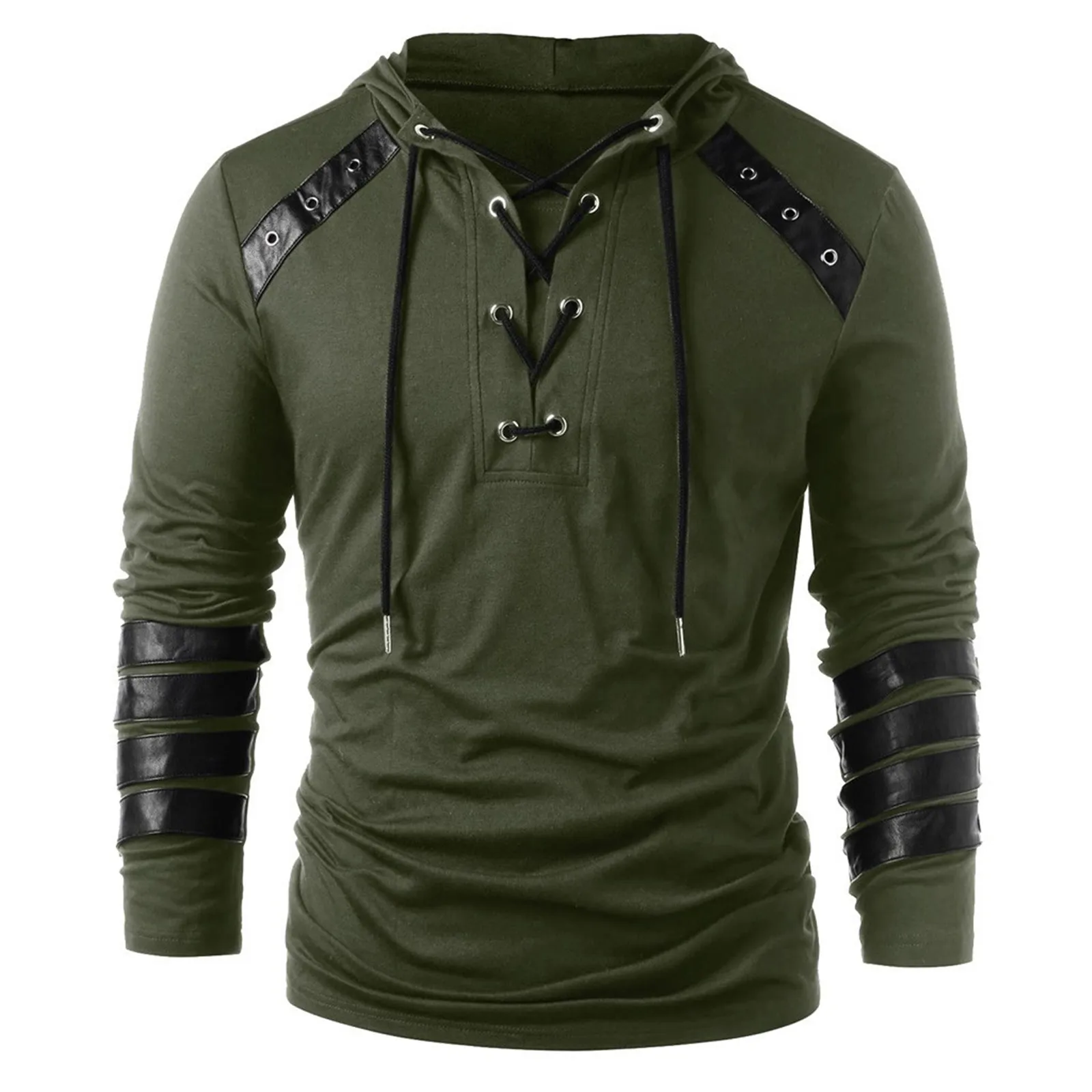 

Men Winter Drawstring Vintage Tops Leather Patchwork Long Sleeve Hooded Blouses Sweatshirts Retro Solid Color Pullover Hoodie