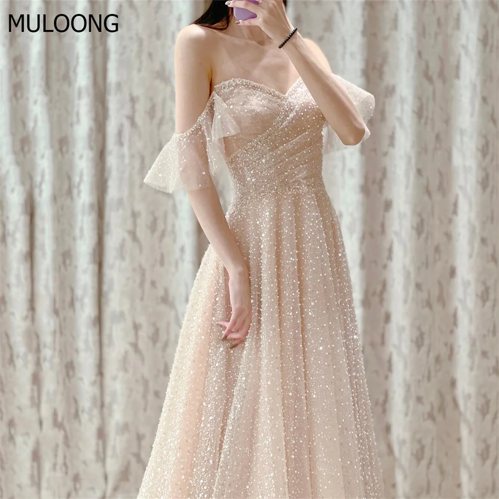 

MULOONG Elegant Sweetheart Off The Shoulder Sleeveless A Line Long Wedding Dress Sequined Floor Length Sweep Train Evening Gown