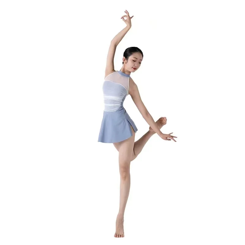 

Girls Women Dance Leotards Gauze Turtleneck Ballet Bodysuit Cap Sleeve Open Back Gymnastics Jumpsuit Pink Blue Summer A Set