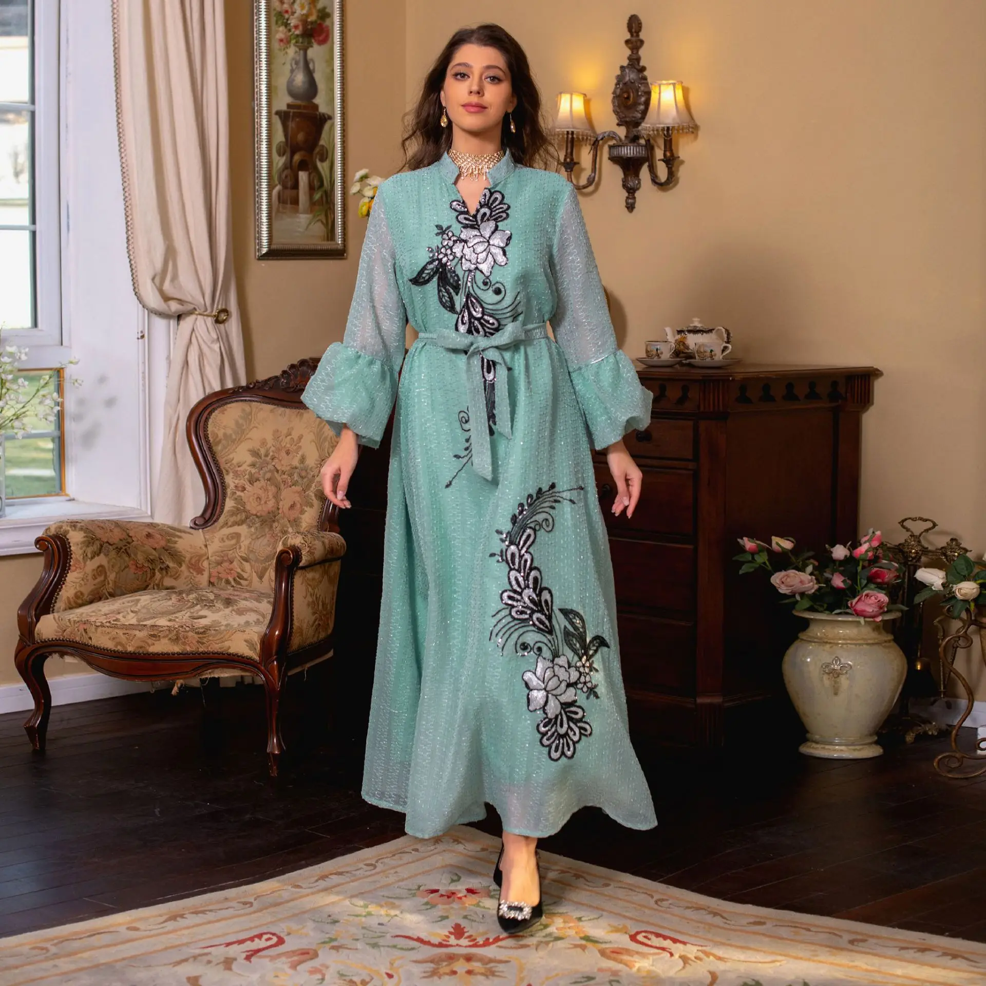 Muslim Kaftan Women's Dress Full Sleeved Floral Printed Loose Turkey Robe Elegant Casual Holiday Abayas Islamic Clothing