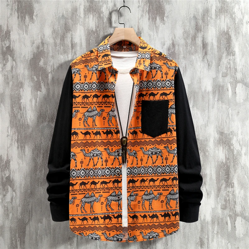 

2023 Fall Men's Long Sleeve Printed Shirts Hawaiian Buttons Korean Fashion Beach Clothes Casual Tops with Pockets Streetwear