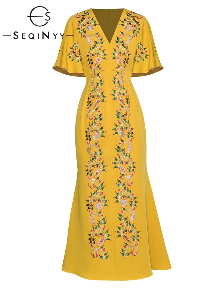 

SEQINYY Yellow Midi Dress Summer Spring New Fashion Design Women Runway High Street Embroidery Flowers Vintage Slim Flare Sleeve