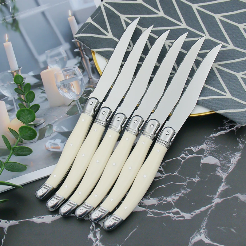 

Laguiole White Silverware Stainless Steel Steak Knives Table Forks Dinner Spoons Dessert Teaspoon Set Mirror Polish Cutlery 6pcs