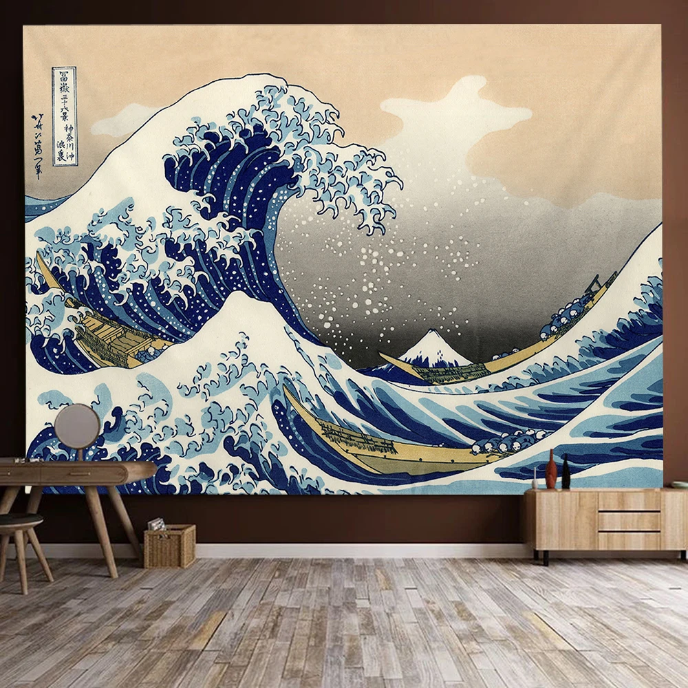 

Japanese The Great Wave Art Tapestry Mount Fuji Sunset Wave Wall Hanging Starry Sky Wall Fabric Room Home Decoration