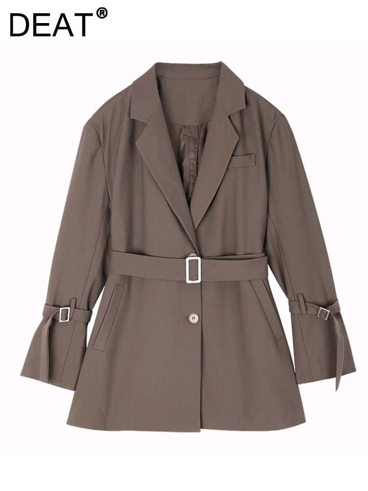 

DEAT Fashion Women's Blazer Notched Ciollar Single Breasted Belt Waist Back Jag Coffce Suit Jackets Summer 2023 New Tide 17A9732