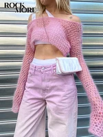 rockmore pink hollow out cropped pullovers y2k long sleeve smock top aesthetic knitted sweater women casual loose jumpers korean