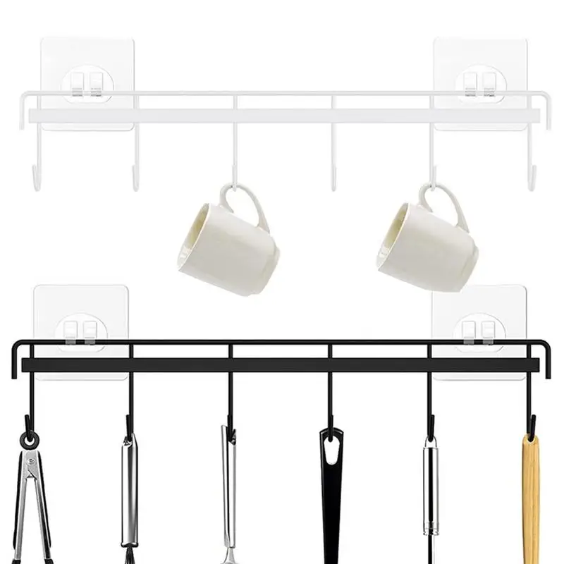 

6 Hooks Storage Shelf Holder Adhesive Wall Hooks Rack Metal Shelves Mug Cup Hanger Kitchen Utensils Storage Hanging Organizer