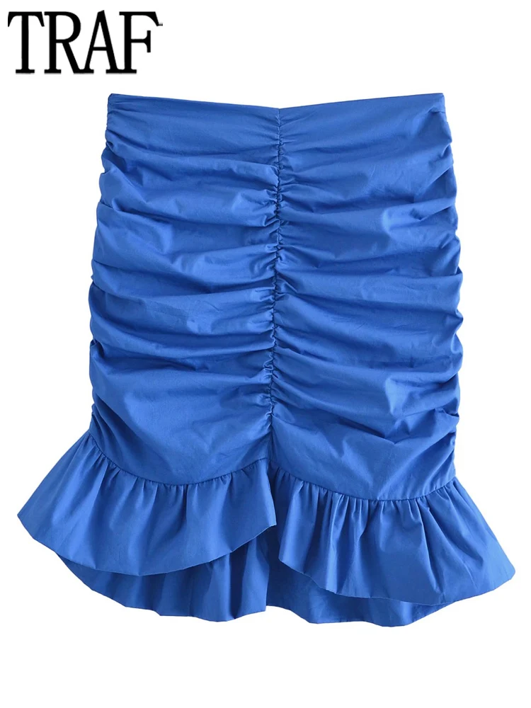 

TRAF Blue Mini Skirts Women High Waist Pleated Woman Skirt Ruffle Draped Short Skirts Womens 2022 Summer Tight Wrap Skirt