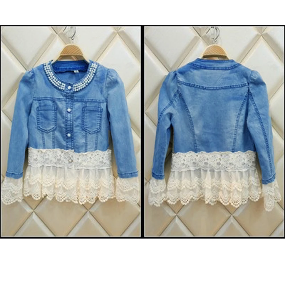 Slim Stitching Womens Denim Jacket Pearl Decoration Lace Cuffs Fashion Coat Thin Section White Mesh Hem Solid Wash Top 001