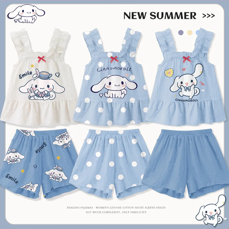 

Sanrio Kawaii Cartoon Cinnamoroll Kids Sleepwear Cute Anime Kuromi My Melody Girls Short Sleeve Pajamas Homewear Girl Clothing