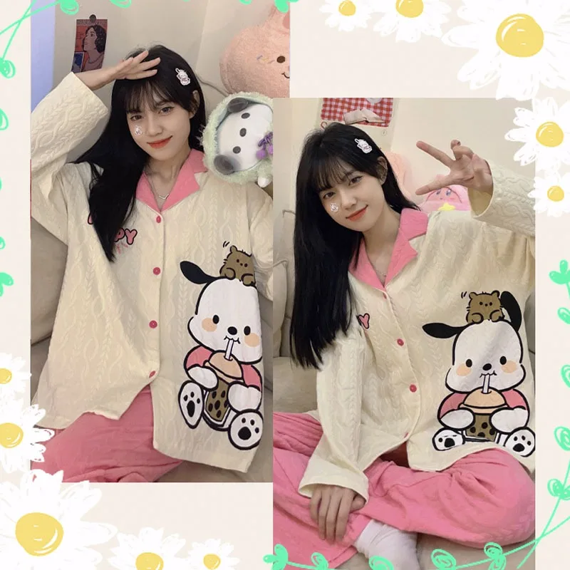 

Sanrio Cinnamoroll Pachacco Cartoon Spring and Fall Long-sleeved Knitted Cotton Pink Sweet Pajamas Kawaii Student Homewear Set