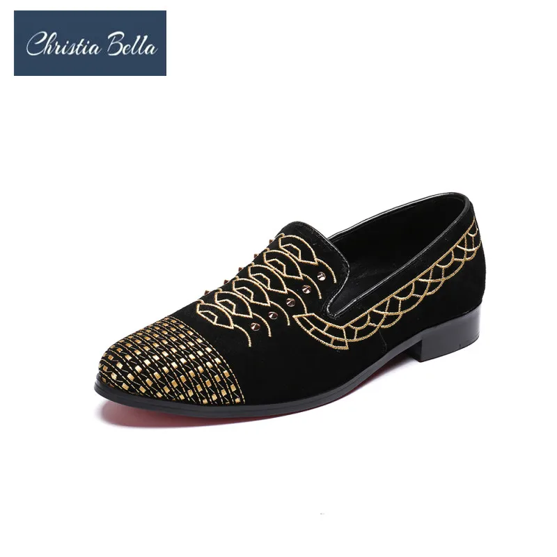 

Christia Bella New Fashion Summer Slippers Embroidery Black Suede Leather Men Slip on Flat Shoes Plus Size Mens Party Loafers