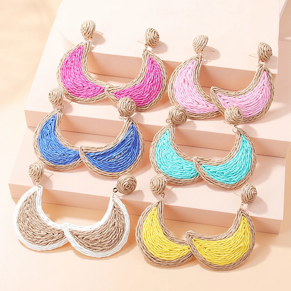 

Bohemia Summer Beach Round Raffia Earrings For Women Exaggerated Handmade Hit Color Flower Moon Heart Drop Dangle Earrings Gift