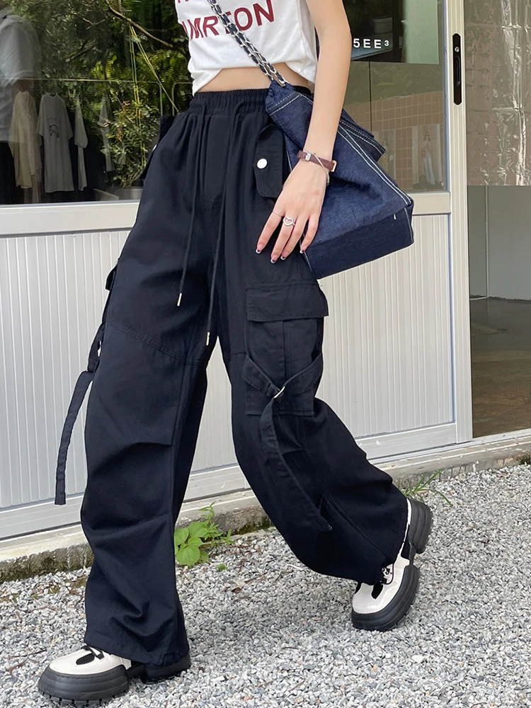 Брюки-карго в стиле Харадзюку с карманами Свободные повседневные Широкие штаны