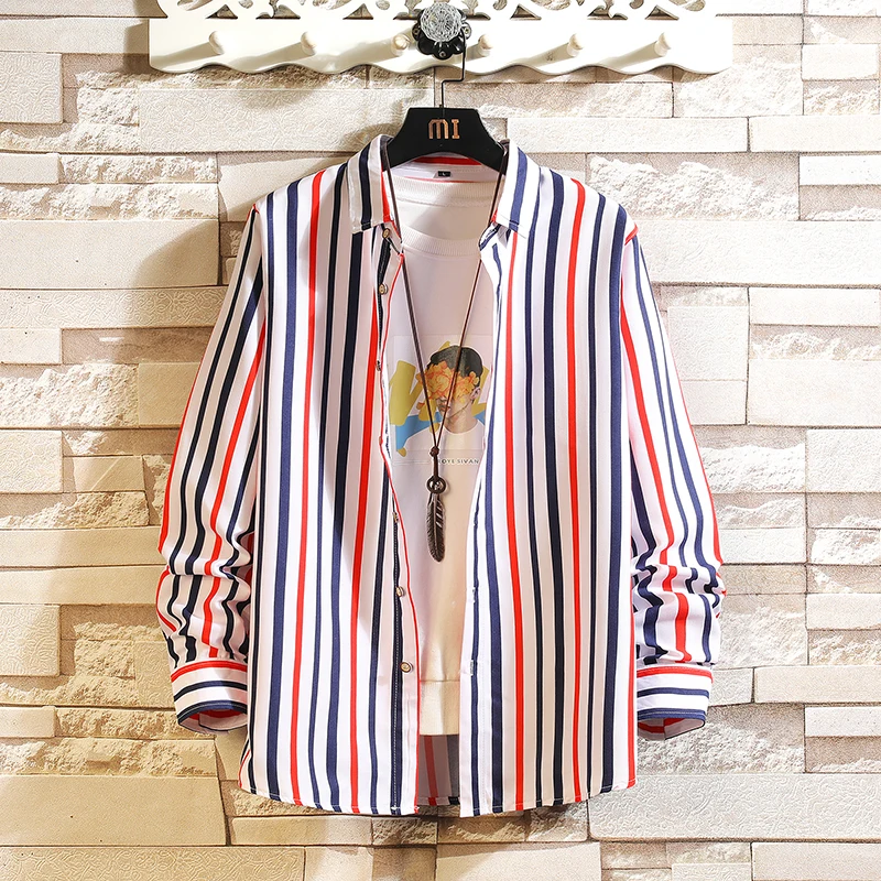

Brand 2022 Spring Autumn Long Sleeves New Flannel Collar Korea Style Striped Oversize 6XL 7XL Shirt For Men's Harajuku Clothing