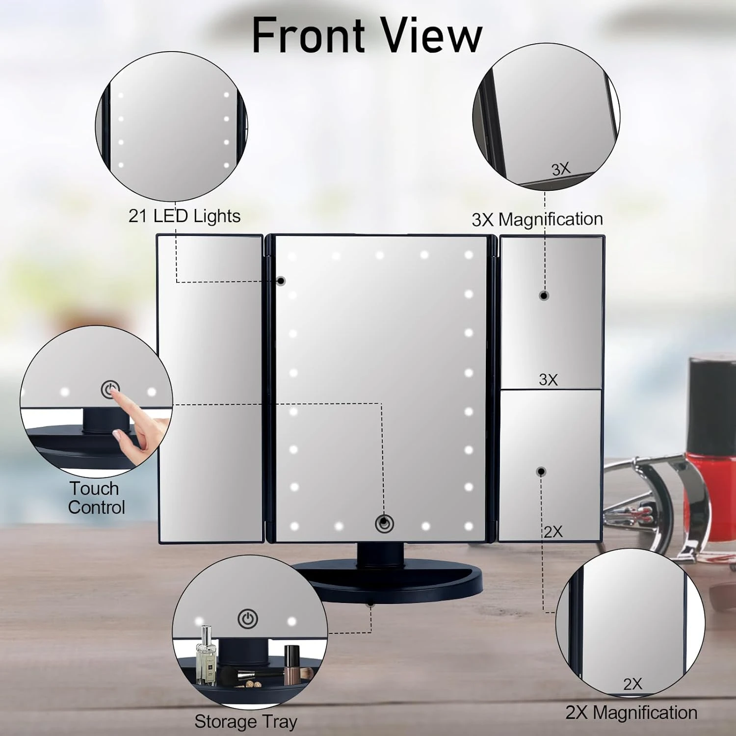 Портативное тройное косметическое зеркало для макияжа с регулируемой
