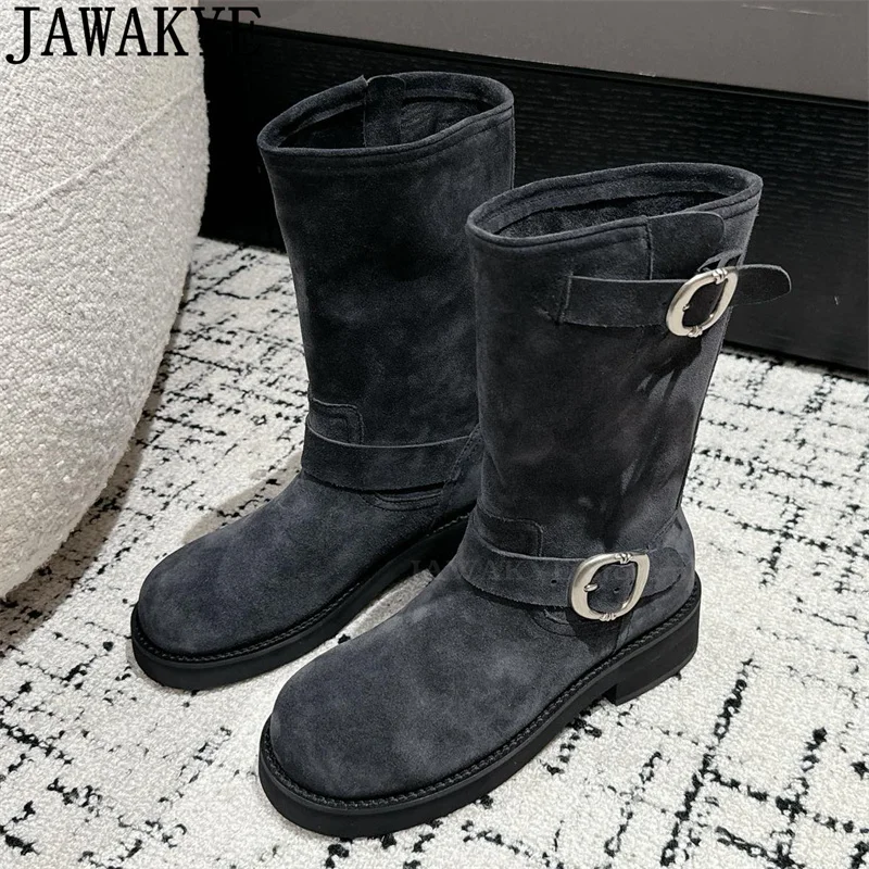 Серые замшевые кожаные сапоги до середины икры с круглым носком женские