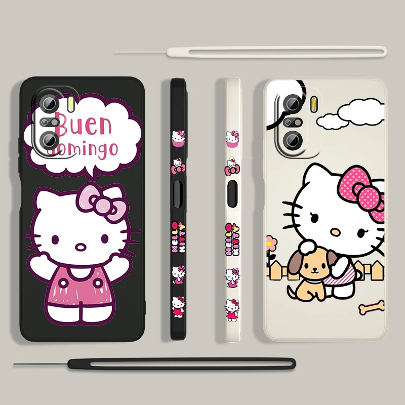 

Cartoon Hello Kitty For Xiaomi Redmi K50 Gaming 10X 9 9A 9T 9AT 8 8A 7 6A 5A 4X Pro 4G 5G Liquid Left Rope Silicone Phone Case