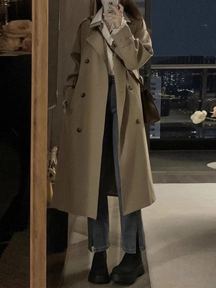 

Classic Khaki Long Trench Coats Women Oversize Korean Fashion Belt Windbreaker Fall Spring Overcoat Double Breasted 2023