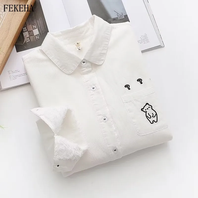 

Women Embroidery Shirts Winter Keep Warm White Blouse Long Sleeve Thick Lady Tops Female Clothes