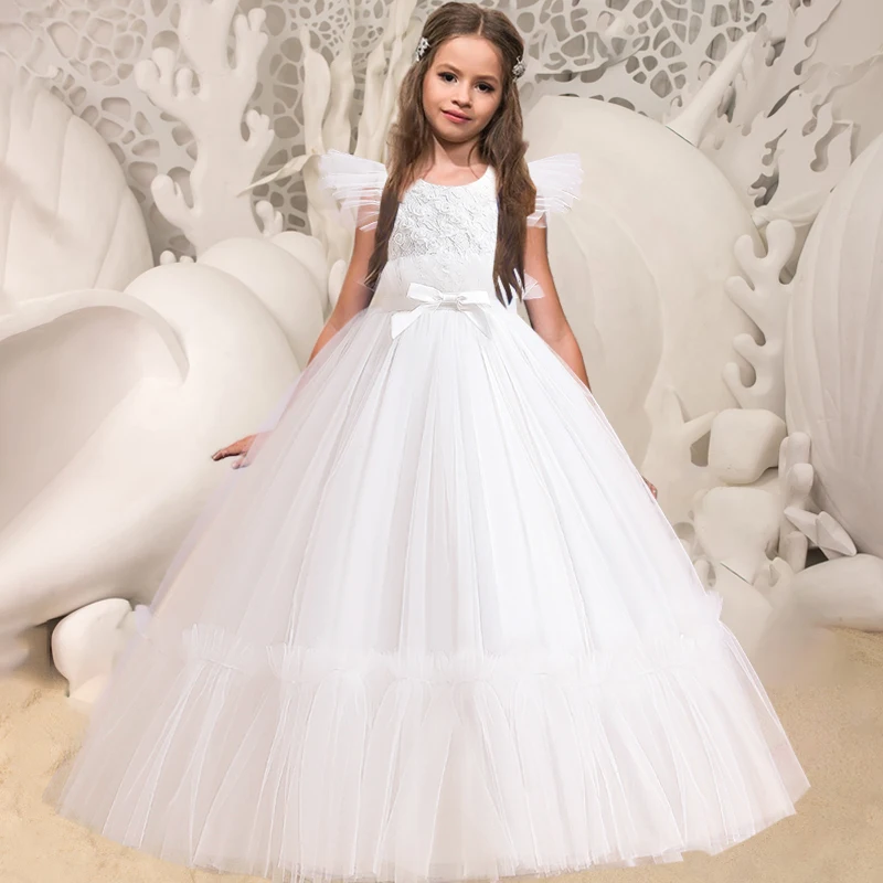 

Детское фатиновое платье принцессы для первого причастия, белое кружевное праздничное свадебное платье с цветами, пышное летнее платье на ...