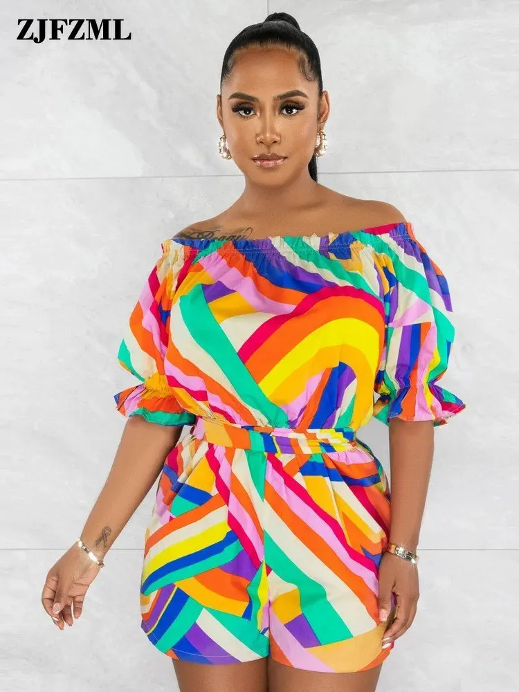 

Rainbow Striped Print One Piece Short Jumpsuit for Women Slash Neck Short Sleeve Playsuit Vintage High Waistband Beach Bodysuits