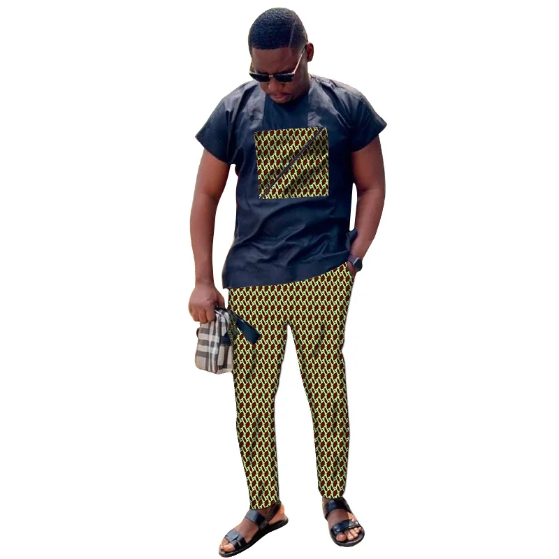 

Summer African Style Men's Wedding Suit Black/Wax Patchwork Tops+Solid Trousers Print Male Pant Sets Muslim Outfits