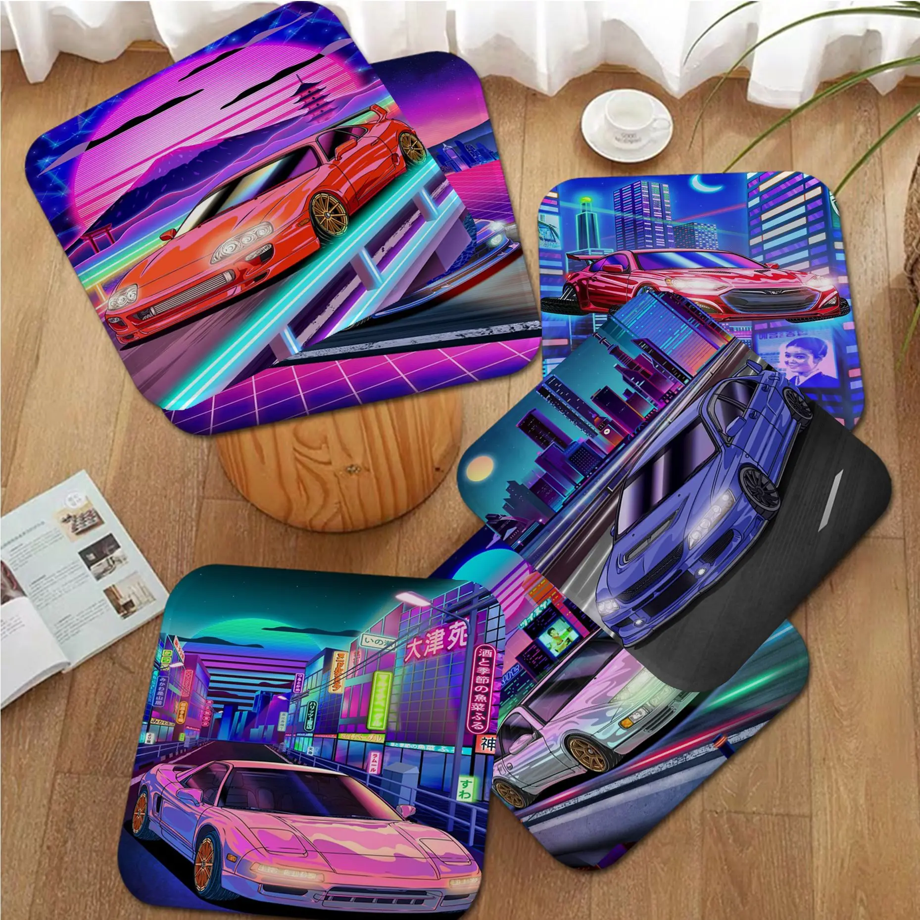 

Street Car Racing 80S Synthwave Neon Tie Rope Sofa Mat Dining Room Table Chair Cushions Unisex Fashion Anti-slip Chair Cushions